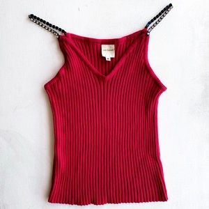 Red Knit Halter Top w/ Rhinestone Straps